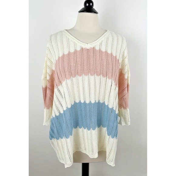NEW POL Boxy Oversize Sweater LARGE Ivory Blue Pink Stripes V-neck Drop Shoulder - Picture 5 of 13